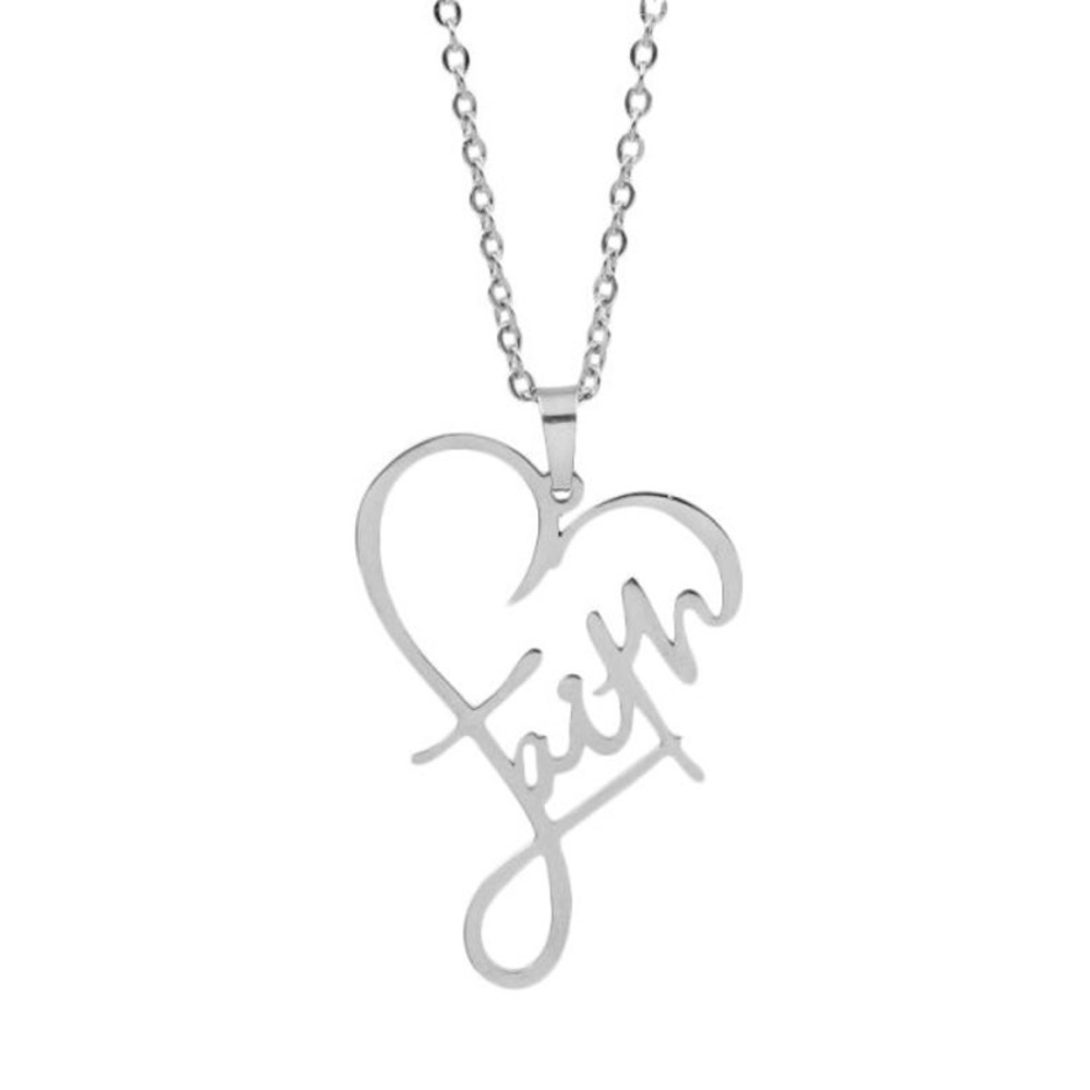 New Silver Stainless Steel Faith Cursive Heart Minimalist Necklace